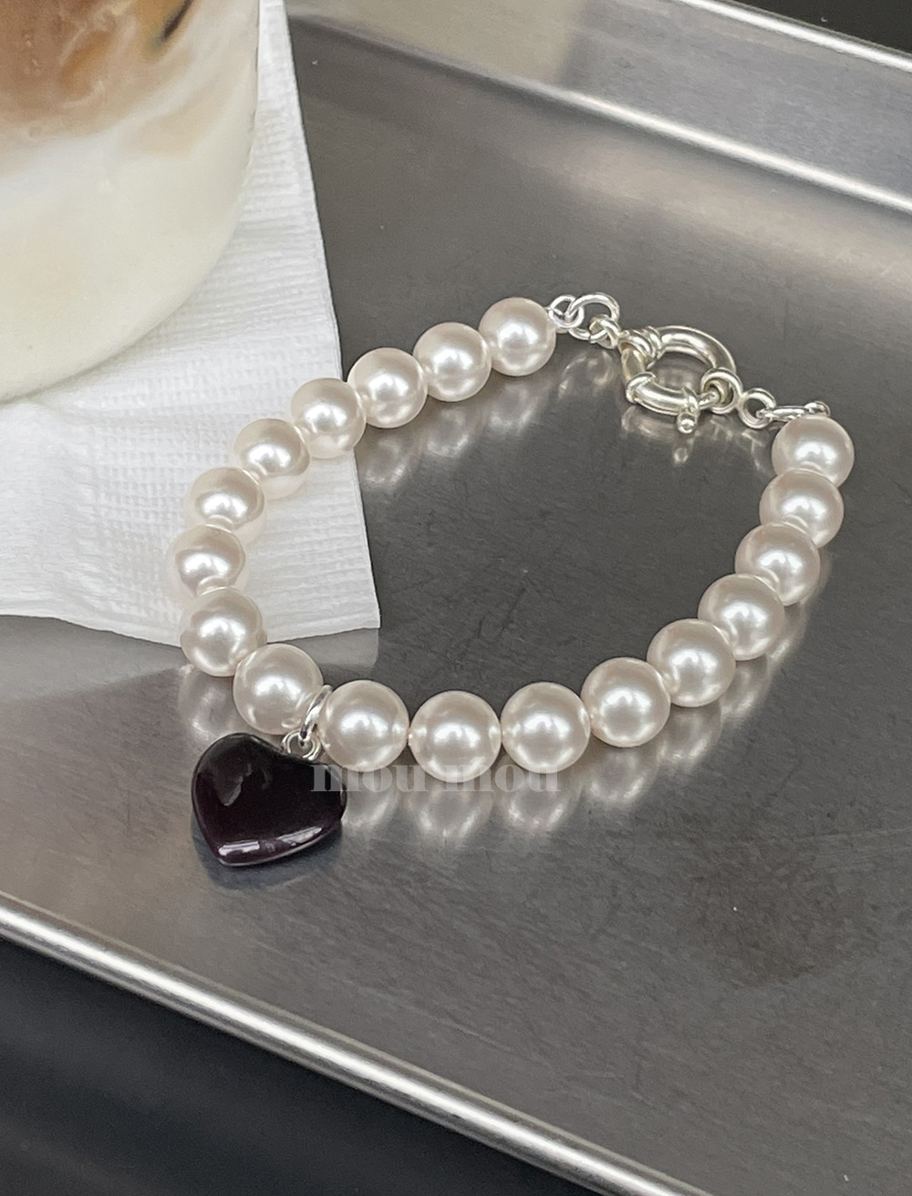 블랙 하트 진주 팔찌 black heart pearl bracelet
